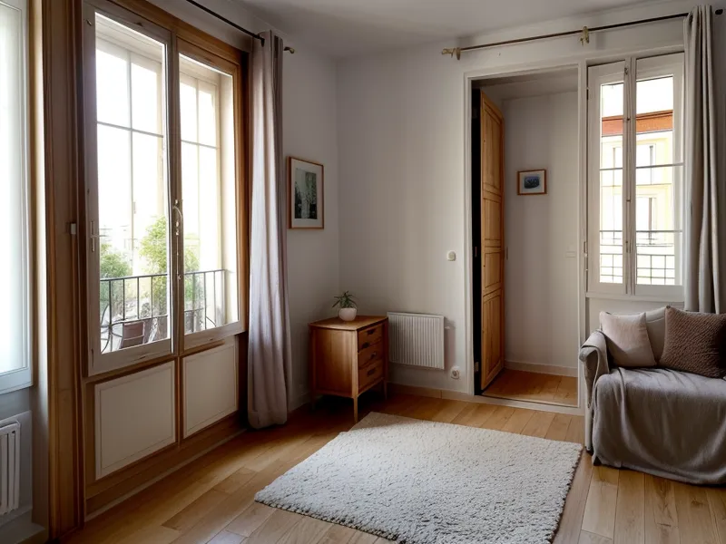 Placard d'un petit appartement rangé avec des vêtements triés par couleur après désencombrement