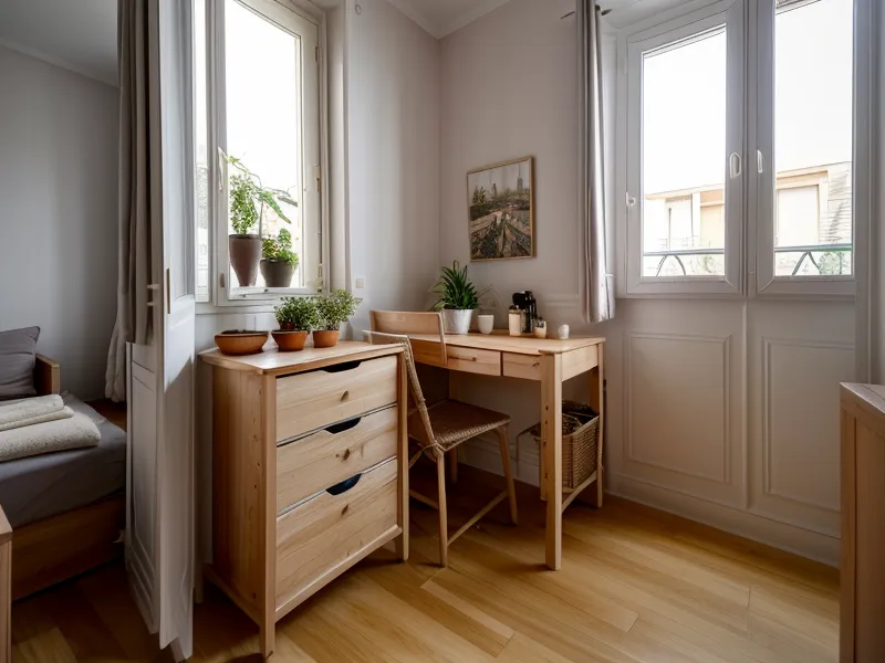Coin loisirs créatifs rangé dans un petit espace d'appartement à Nantes, sans désordre visible