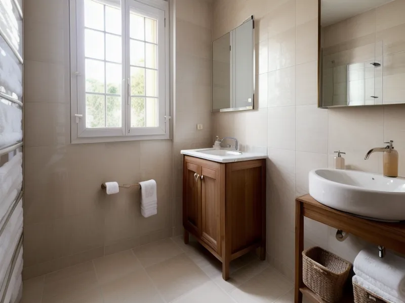 Étagère de petite salle de bain surchargée de flacons et d'échantillons de cosmétiques avant le tri