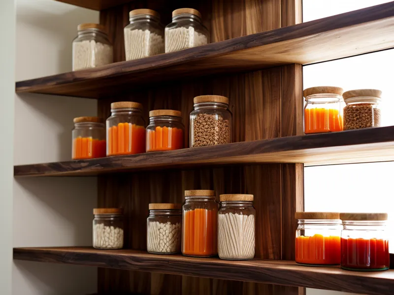Étagères en bois avec bocaux en verre pour organiser une petite cuisine sans placard