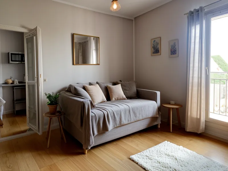 Vieux carton de décorations de Noël ouvert dans un salon de petit appartement avant le tri