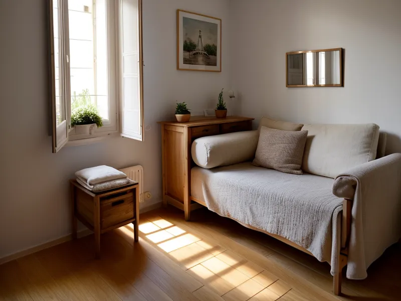 Parure de lit repliée en paquet dans une taie d'oreiller pour organiser le linge de maison sans placard dédié