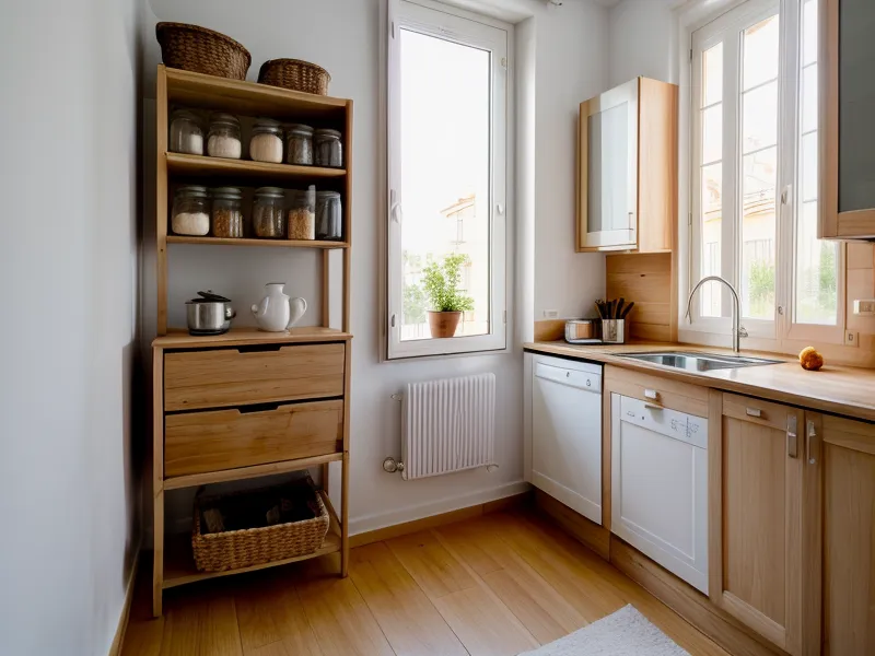 Farine renversée sur le plan de travail à côté d'un bocal en verre trop petit, exemple d'un rangement de cuisine raté