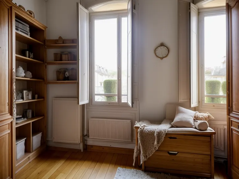 Espace sous le lit organisé avec des bacs de rangement étiquetés après désencombrement de la chambre