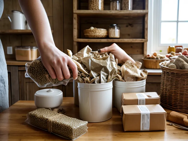 Tri des aliments secs dans un placard profond de cuisine, désencombrement cuisine
