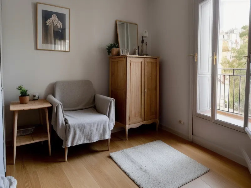 Une grande valise de voyage rangée en haut d'une armoire en bois dans un petit appartement