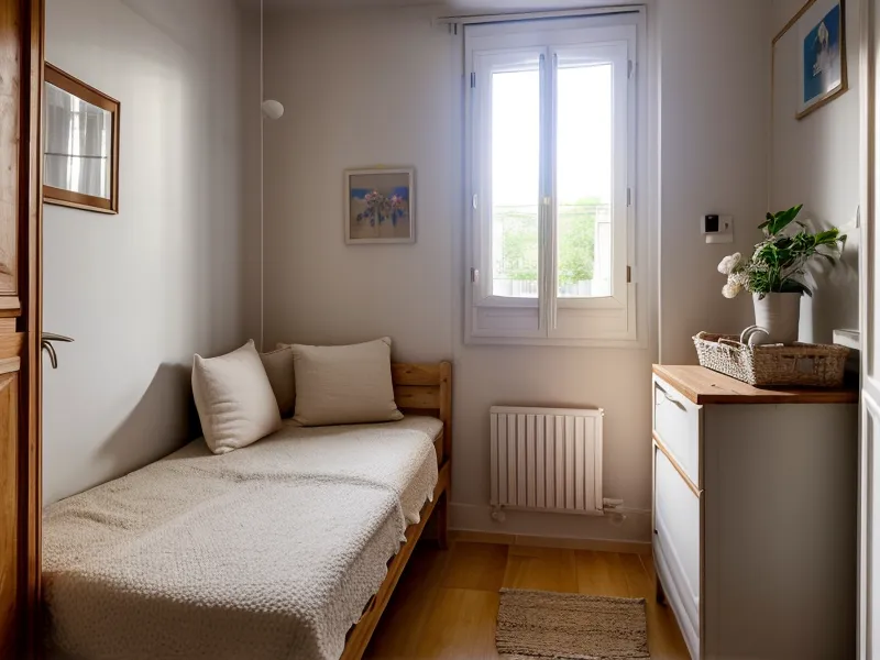 Carton de déménagement encore scotché, utilisé comme table de chevet improvisée dans un petit appartement nantais