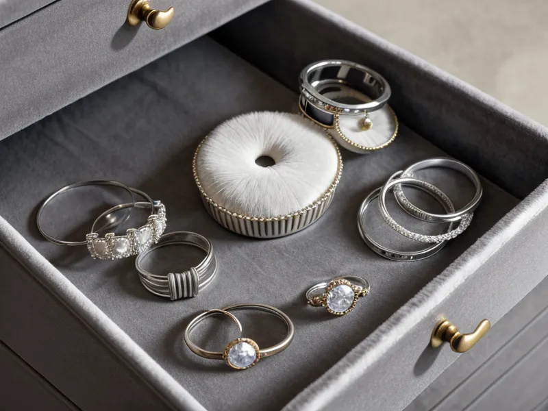 Plateaux de rangement en velours gris pour bijoux dans un tiroir de commode étroite.