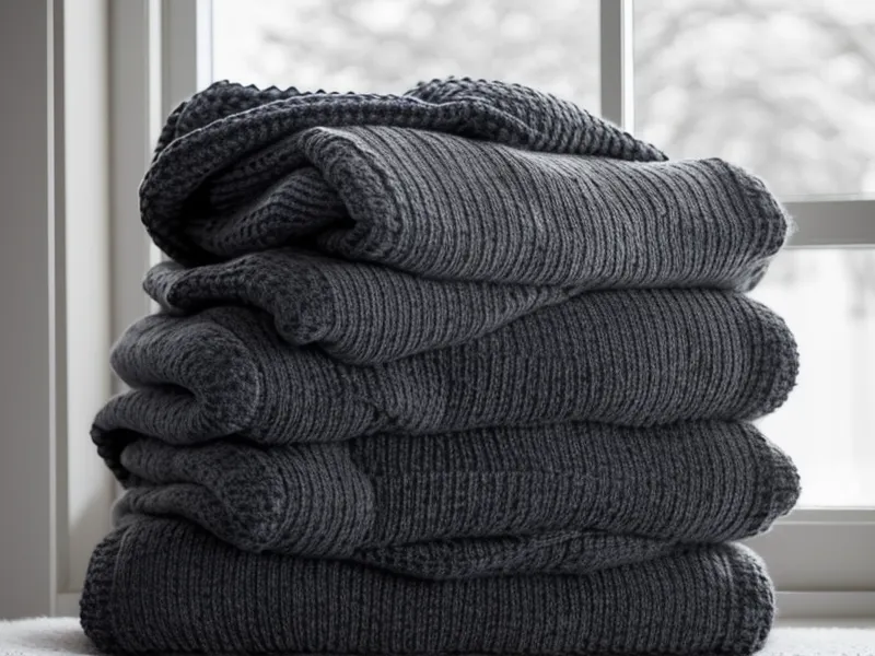 Pile de pulls pliés sur un lit pendant un tri tactile des vêtements